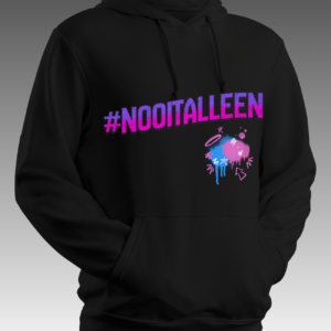 Black hoodie featuring #NooitAlleen statement graphic design