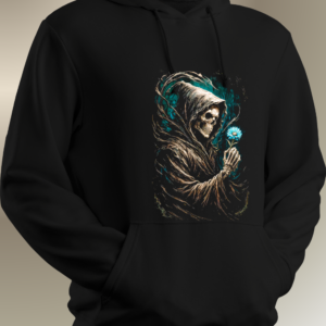 Black hoodie featuring a hooded skeletal figure holding a glowing blue flower against a teal textured background.