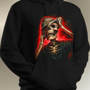 Gold Grind Skeleton Hoodie featuring a gold‑shaded skeleton adjusting a beanie with a fiery red and orange background.