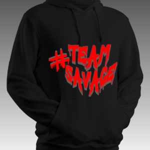 Close up shot of the dark inner fill and deep red outliner lines of the black TeamSavage crimson arc streetwear hoodie
