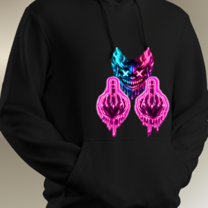 Neon Chaos Unisex Hoodie featuring glowing blue and pink neon graphics with a dripping cyberpunk face and rebellious hand gestures.