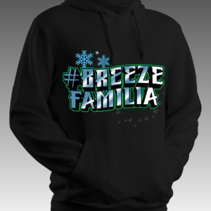 Breeze Familia gradient blue and white text with snowflakes and paw prints on black unisex hoodie – fun icy streetwear design