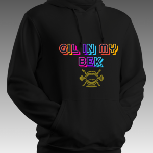 Streetwear unisex hoodie showcasing layered bright pink, blue, and yellow neon retro text spelling Gil In My Bek above an illuminated gold screaming mouth audio graphic