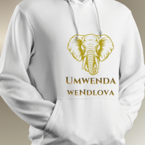Umwenda wendlovu Hoodie featuring a gold elephant head graphic with bold cultural lettering.