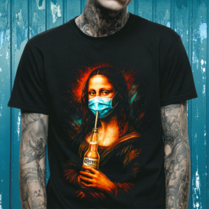 Modern Mona Lisa wearing a mask and holding a drink printed on black unisex T‑shirt
