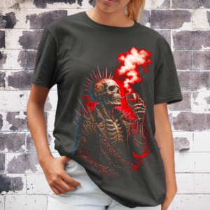 Skeleton in leather jacket with smoke graphic printed on dark unisex T‑shirt