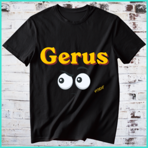 Gerus graphic with expressive eyes printed on black unisex T‑shirt