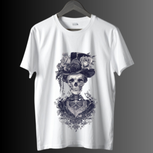 Skeleton with floral hat graphic printed on white unisex T‑shirt