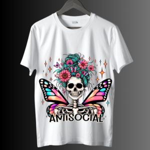 Antisocial Butterfly Bones graphic of colourful winged skeleton on unisex T‑shirt
