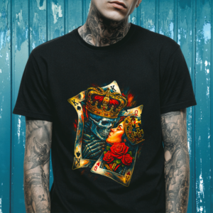 Royal Flush Romance graphic of skeleton king and queen with roses on a T‑shirt