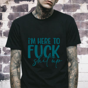 Blue Attitude unisex T‑shirt with bold blue statement text on black shirt