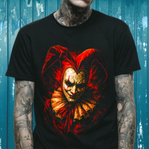 Jester of Chaos unisex T‑shirt with sinister clown mask, red accents, and dramatic graphic design