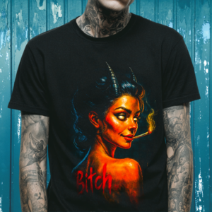 Hellfire Honey unisex T‑shirt featuring fiery horned woman illustration with bold red and blue tones