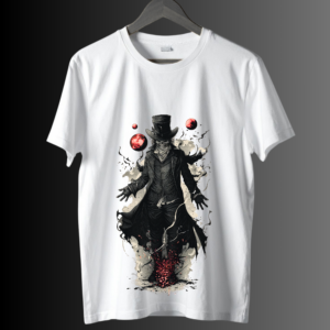 Gothic Gentleman of Shadows T‑shirt featuring a dark top‑hat figure with smoke and glowing red accents